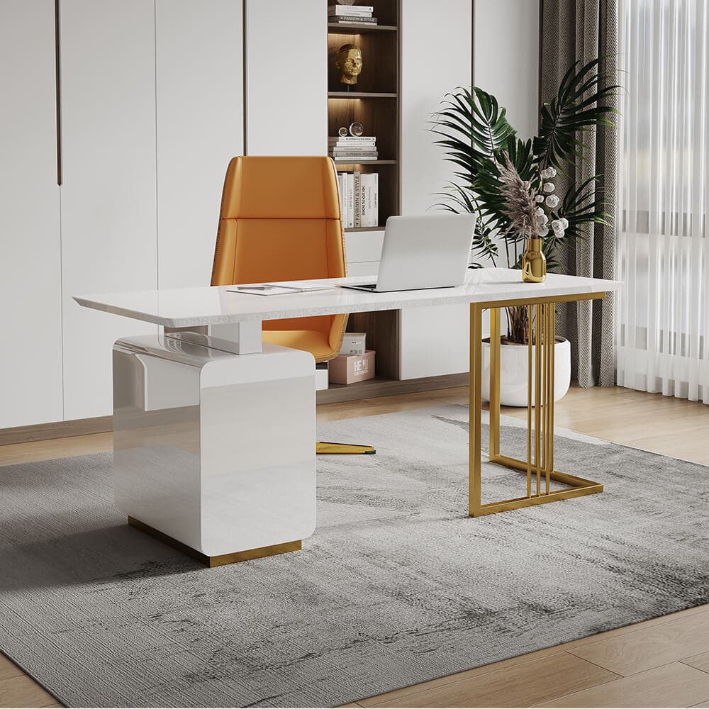 63 Inches Modern White Executive Desk with Drawers and Side Cabinet in Gold Base