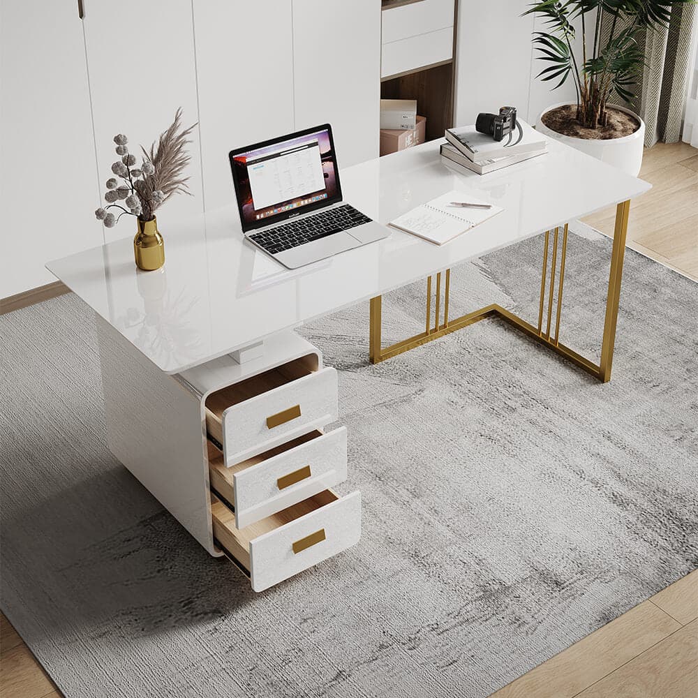 63 Inches Modern White Executive Desk with Drawers and Side Cabinet in Gold Base