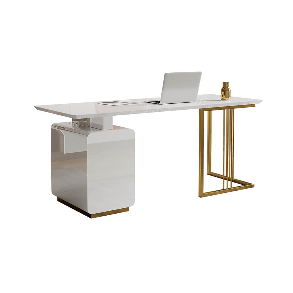 63 Inches Modern White Executive Desk with Drawers and Side Cabinet in Gold Base