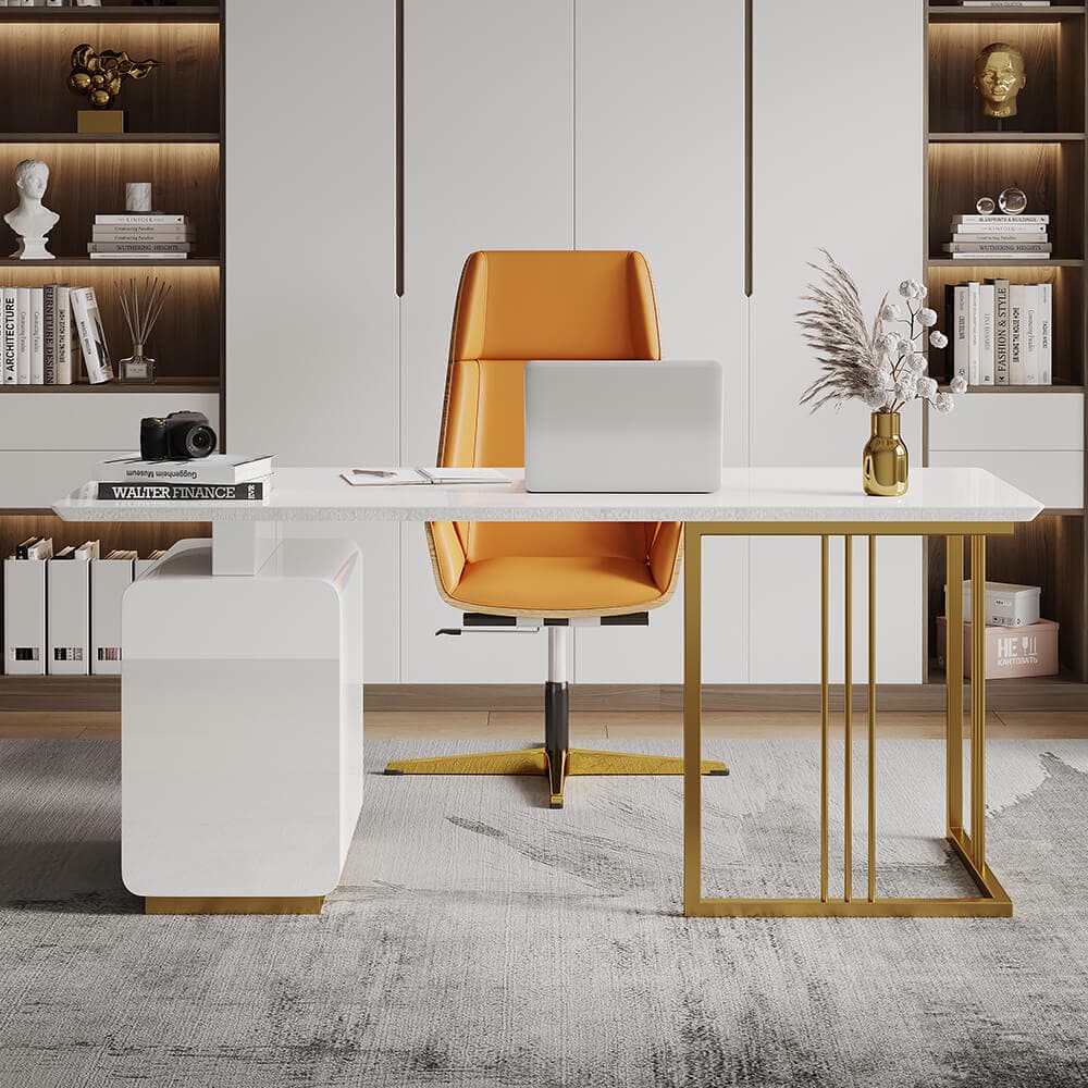 63 Inches Modern White Executive Desk with Drawers and Side Cabinet in Gold Base