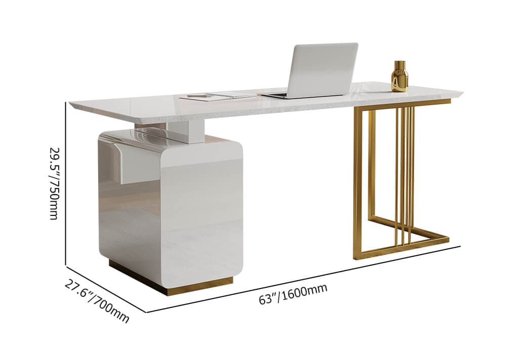 63 Inches Modern White Executive Desk with Drawers and Side Cabinet in Gold Base
