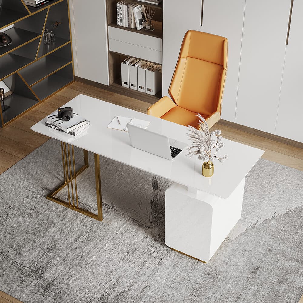 63 Inches Modern White Executive Desk with Drawers and Side Cabinet in Gold Base