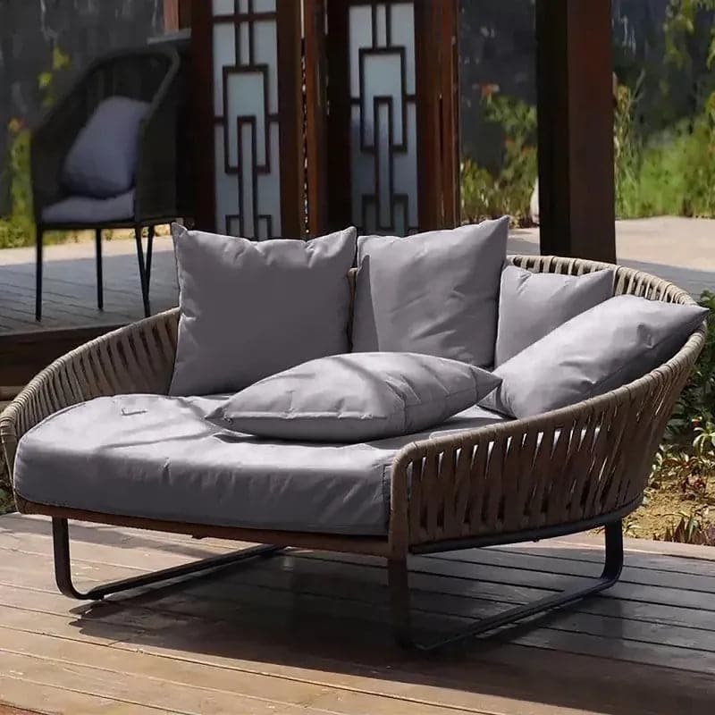 63" Rattan Outdoor Daybed with Khaki Cushion Pillow Aluminum Frame