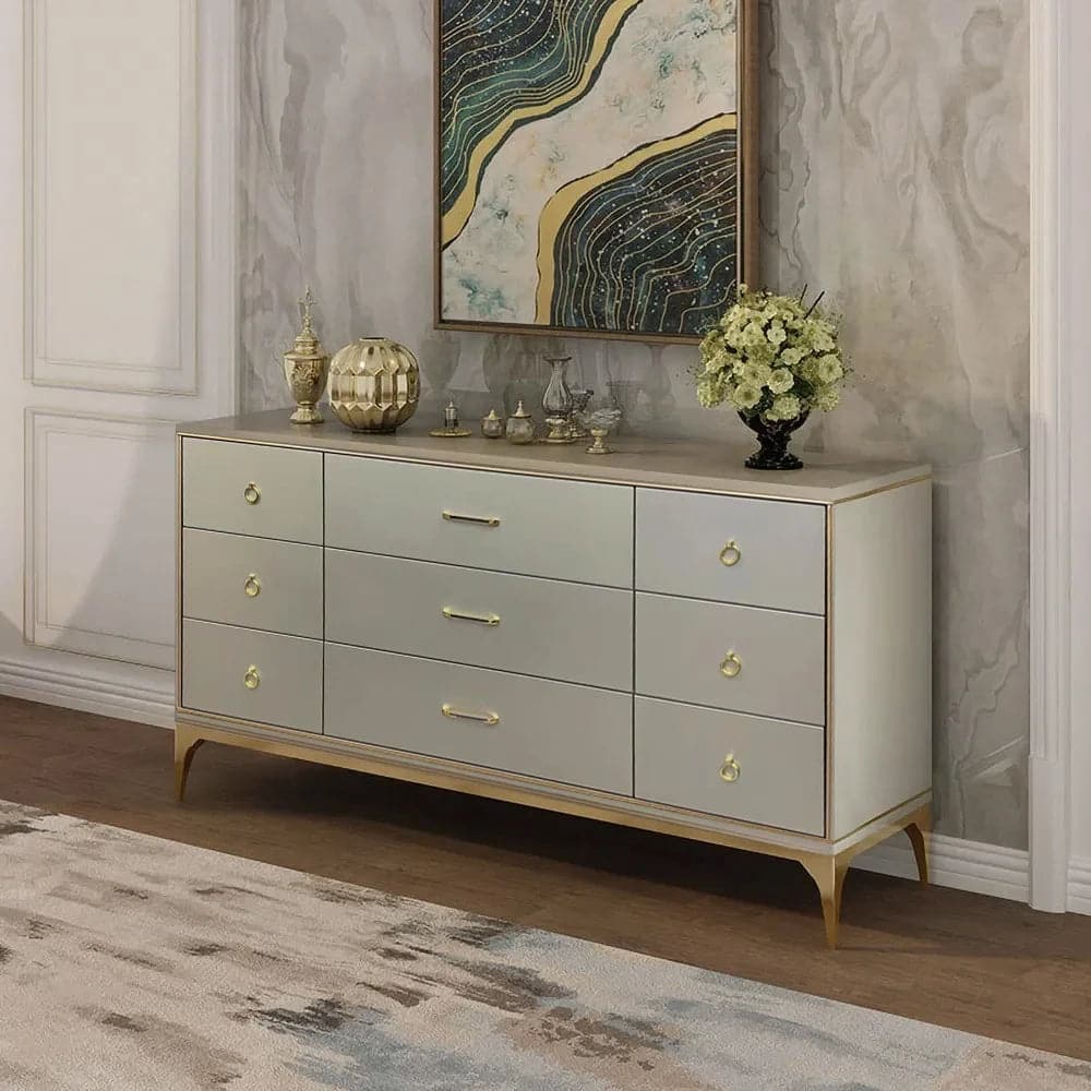 Commode contemporaine de chambre à coucher champagne à 9 tiroirs de 63 po pour rangement en or