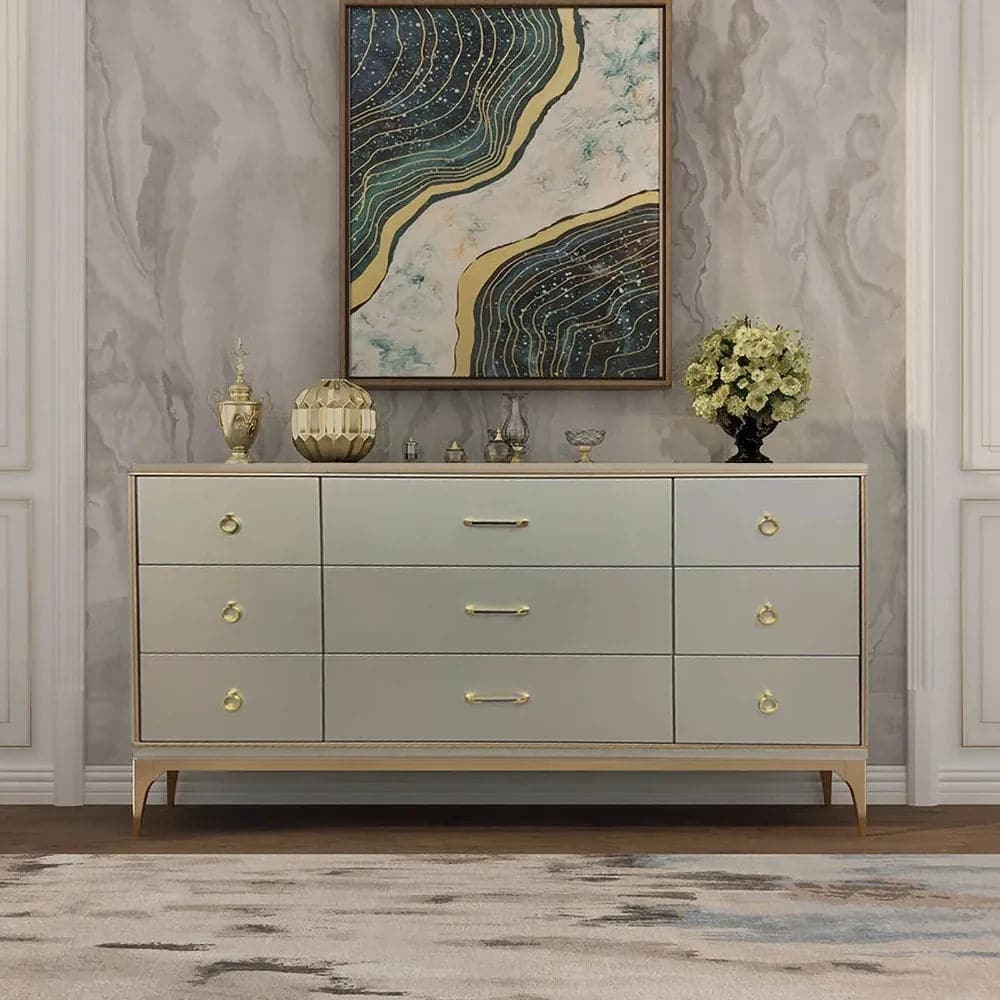 63" Contemporary 9-Drawer Champagne Bedroom Dresser for Storage in Gold