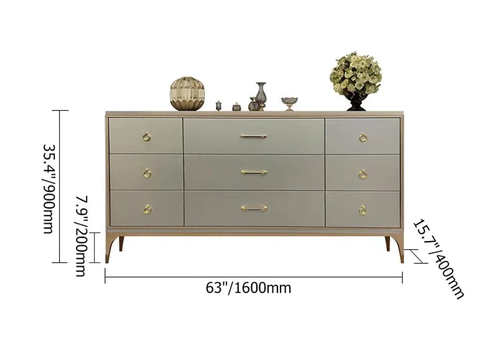 Commode contemporaine de chambre à coucher champagne à 9 tiroirs de 63 po pour rangement en or