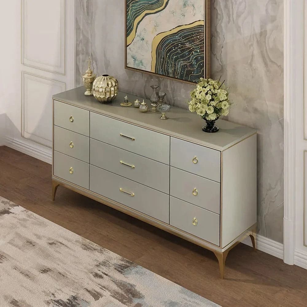 Commode contemporaine de chambre à coucher champagne à 9 tiroirs de 63 po pour rangement en or