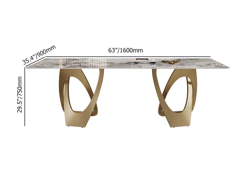 Table de salle à manger contemporaine de 63 po pour 6 personnes avec plateau en pierre frittée et double piédestal