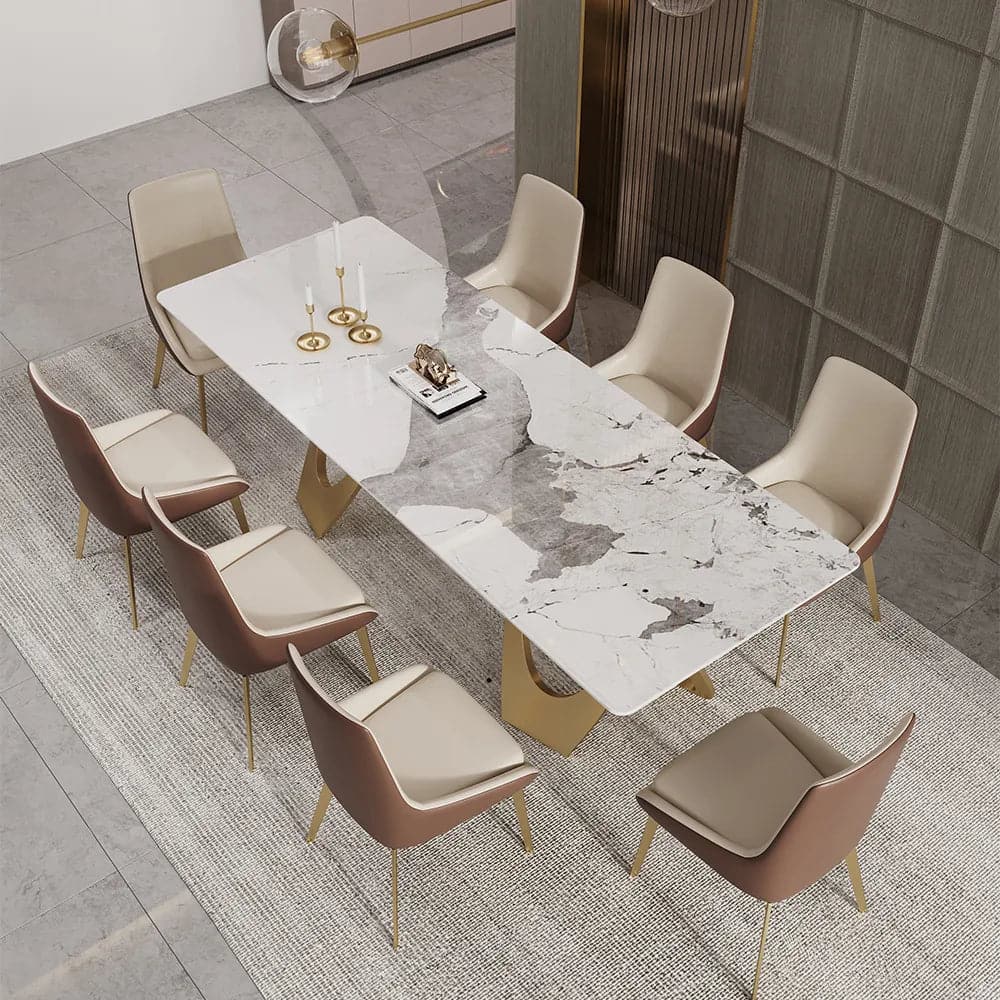 Table de salle à manger contemporaine de 63 po pour 6 personnes avec plateau en pierre frittée et double piédestal