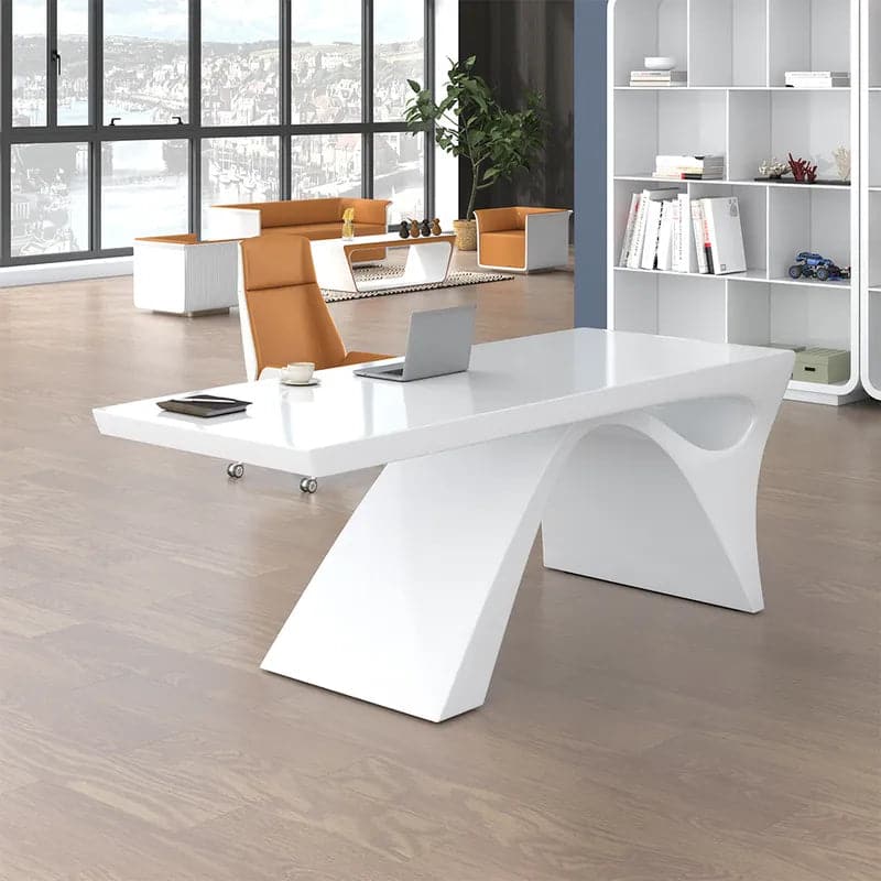 Modern White&Black Computer Desk Rectangular Office Desk with Pedestal Base#White-M