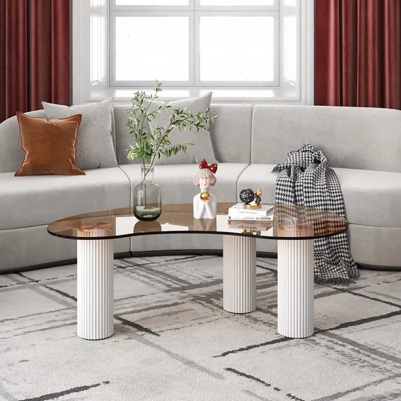 Table basse moderne avec verre trempé et pieds en bois massif