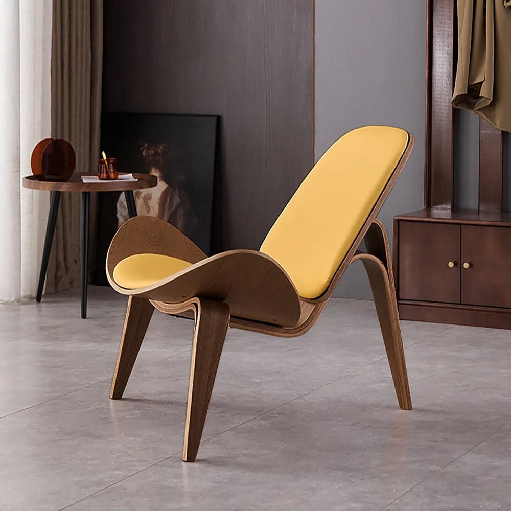 Modern Tripod Yellow Leather Lounge Chair with Single Side in Walnut