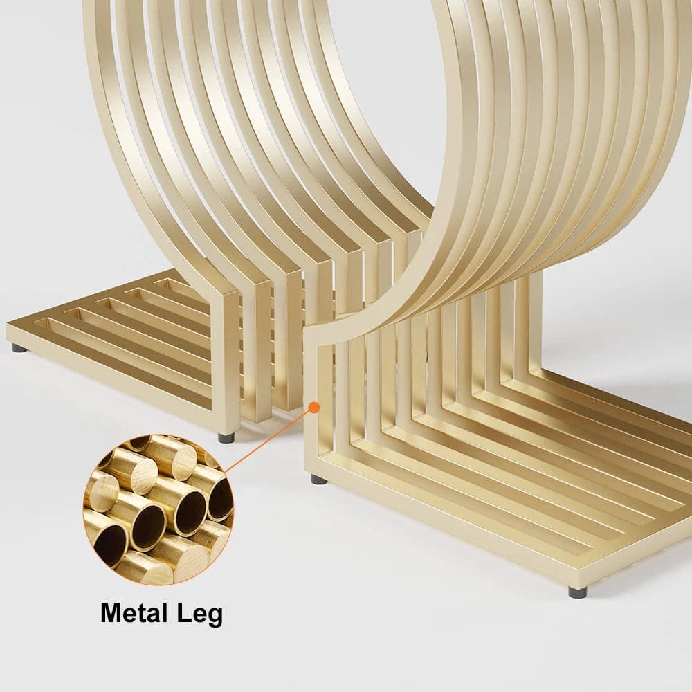 Modern Walnut Narrow Sofa Console Table with Geometric Metal Base in Gold
