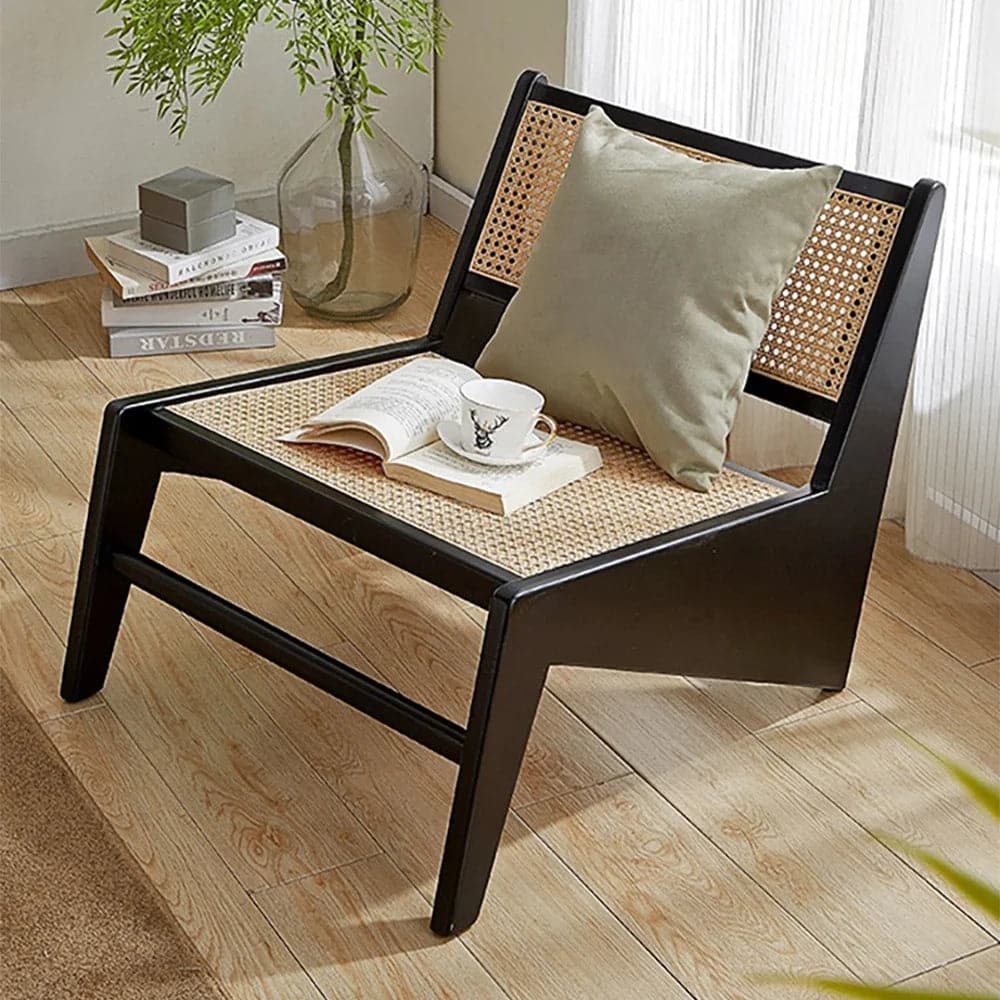 Japandi Black Rattan and Wood Lounge Chair Accent Chair for Living Room