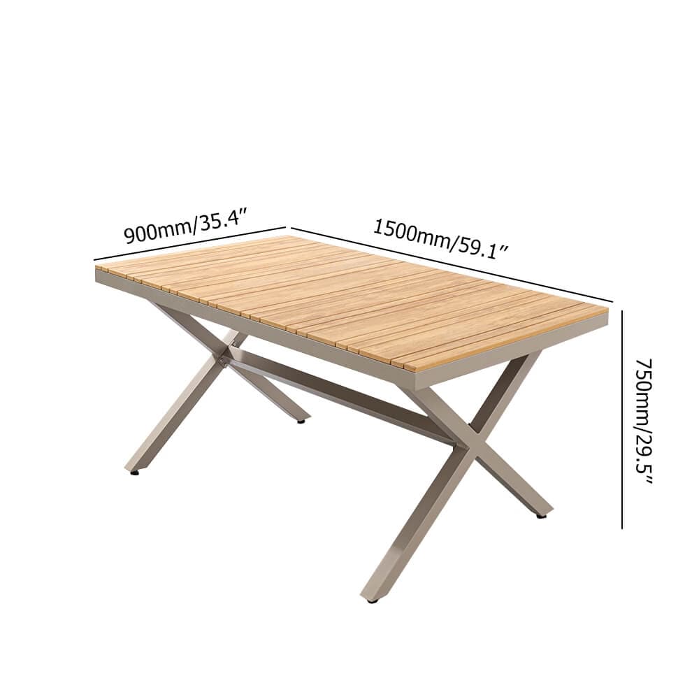 7-Pieces Outdoor Dining Set with Wood-Top Trestle Table and 6 Woven Rope Armchair