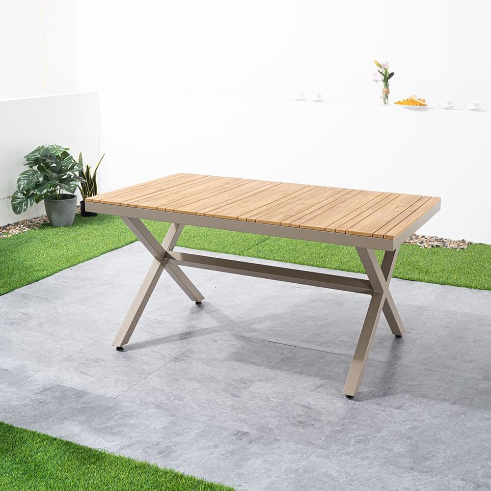 Ensemble de salle à manger d'extérieur 7 pièces avec table à tréteaux en bois et 6 fauteuils en corde tressée