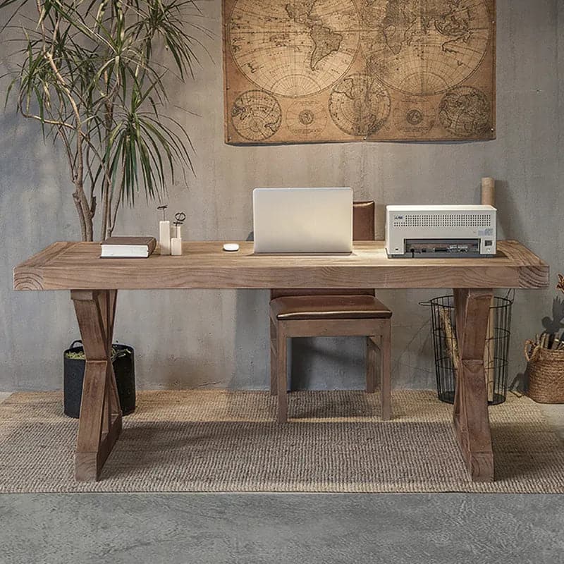 Rustic Farmhouse Wooden Office Desk in Natural with Trestle#Natural-L