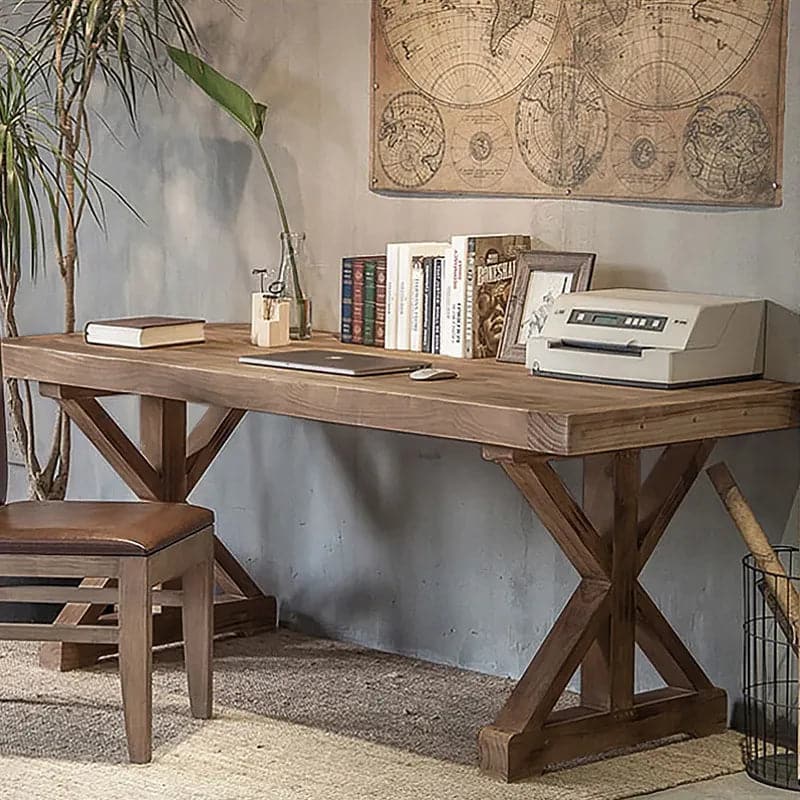 Rustic Farmhouse Wooden Office Desk in Natural with Trestle#Natural-L