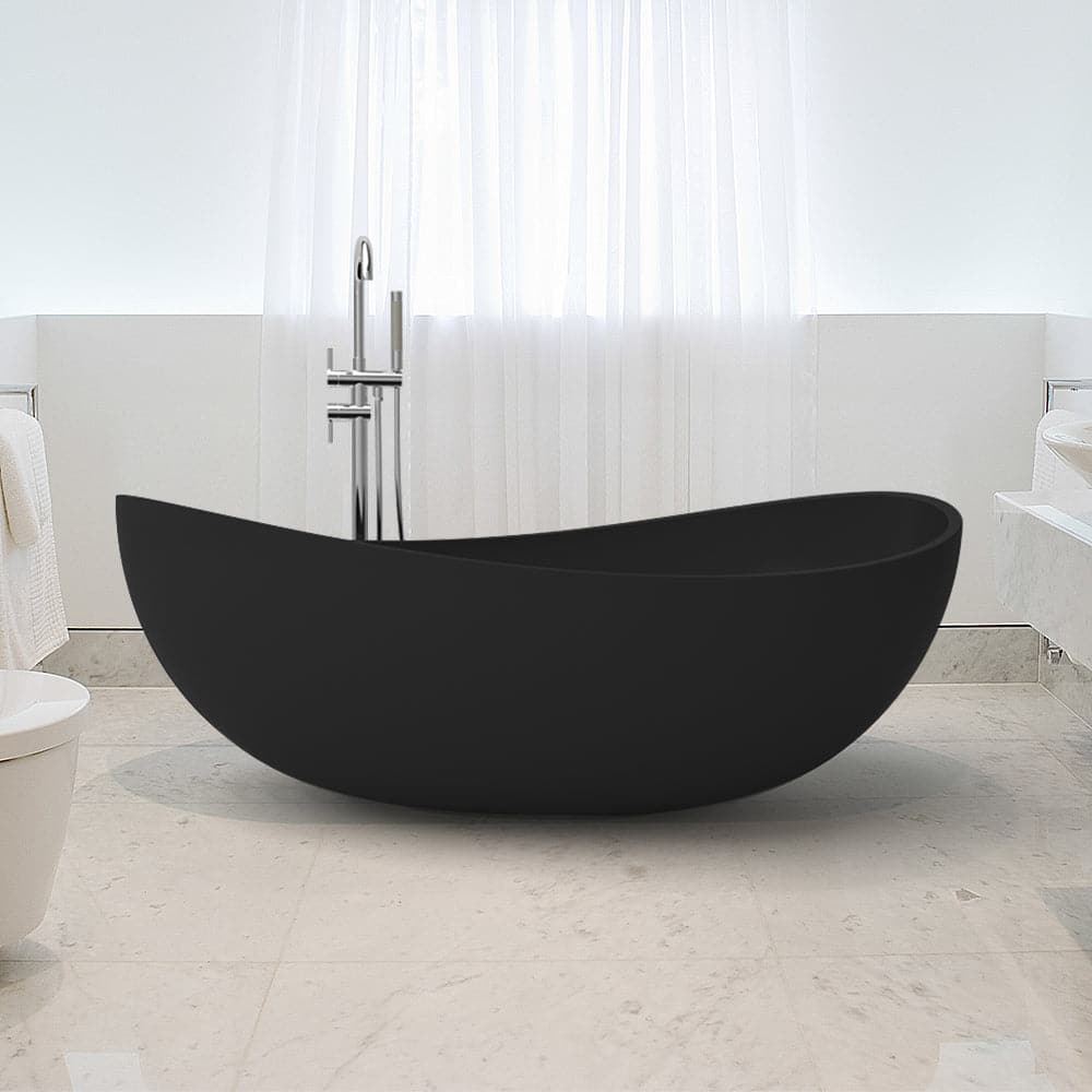 70 Contemporary Oval Freestanding Stone Resin Soaking Bathtub in Matte White/Black#Black