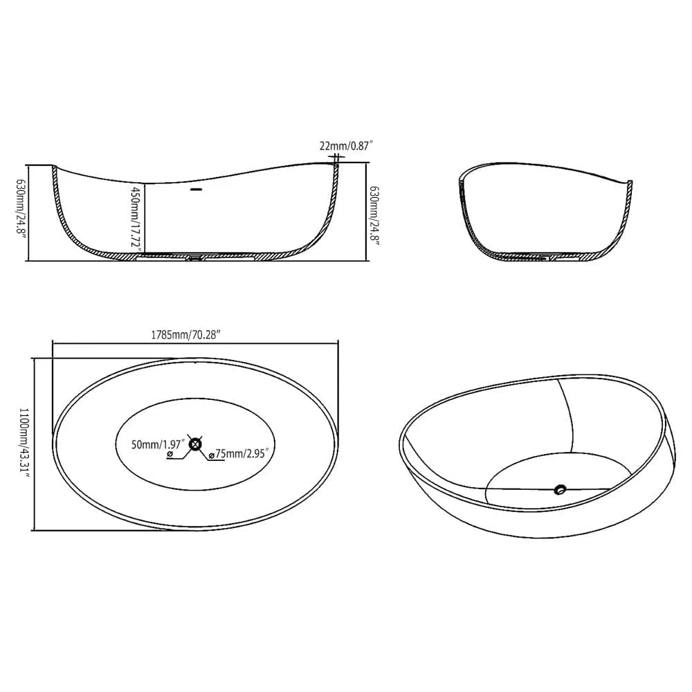 70 Contemporary Oval Freestanding Stone Resin Soaking Bathtub in Matte White/Black#Black