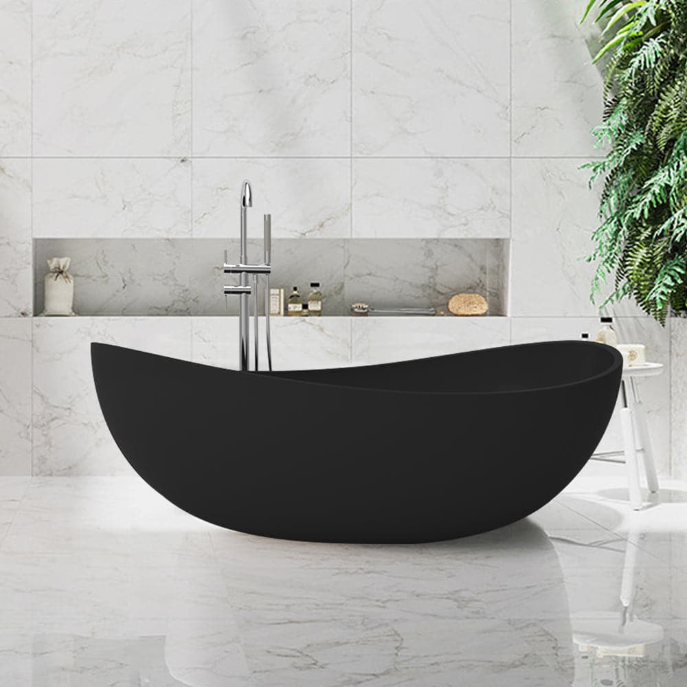 70 Contemporary Oval Freestanding Stone Resin Soaking Bathtub in Matte White/Black#Black