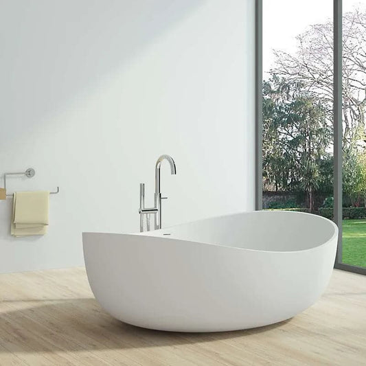 70 Contemporary Oval Freestanding Stone Resin Soaking Bathtub in Matte White/Black#White