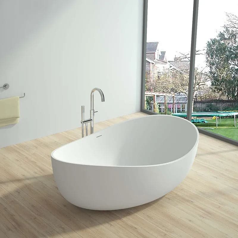 70 Contemporary Oval Freestanding Stone Resin Soaking Bathtub in Matte White/Black#White