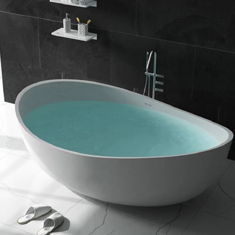 70 Contemporary Oval Freestanding Stone Resin Soaking Bathtub in Matte White/Black#White