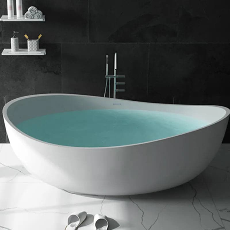 70 Contemporary Oval Freestanding Stone Resin Soaking Bathtub in Matte White/Black#White