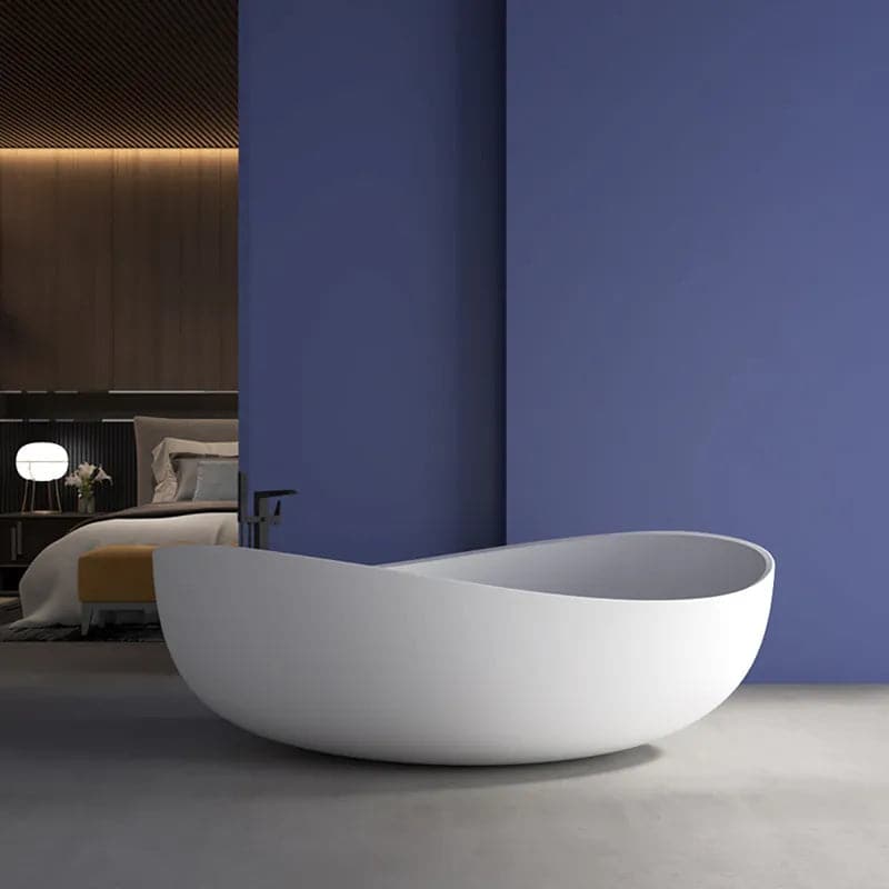 70 Contemporary Oval Freestanding Stone Resin Soaking Bathtub in Matte White/Black#White