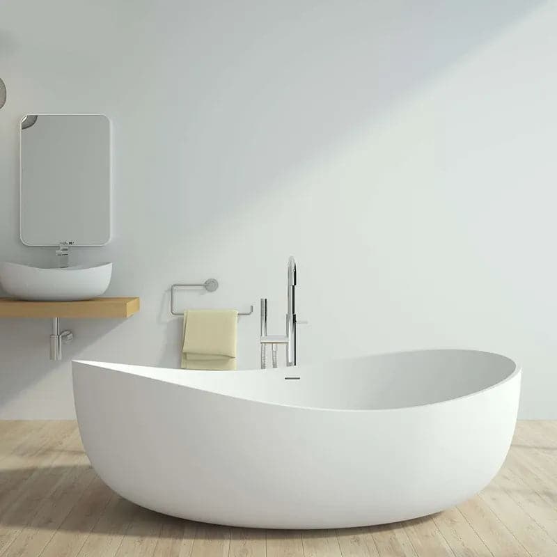 70 Contemporary Oval Freestanding Stone Resin Soaking Bathtub in Matte White/Black#White