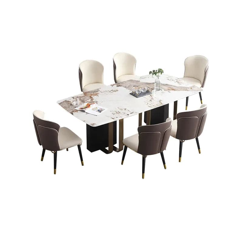 Table de salle à manger rectangulaire de 71 po, 7 pièces, avec plateau en pierre frittée et base sur piédestal