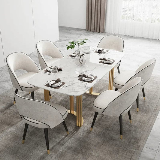 63"/71"/79" Faux Marble Dining Table for 6-8 Seater White Rectangular Top Gold Steel Base