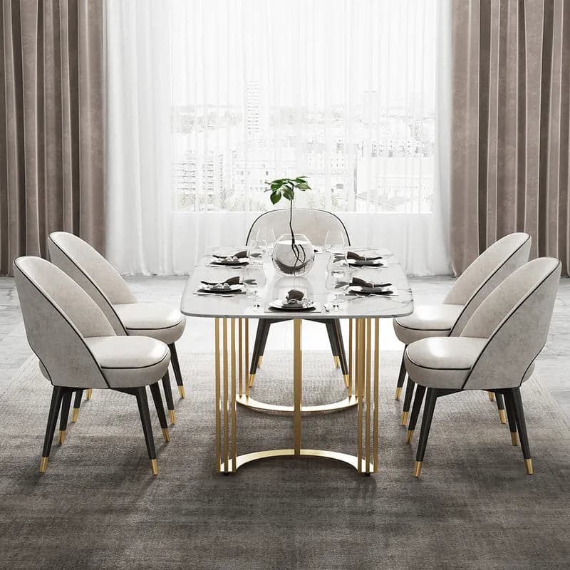 63"/71"/79" Faux Marble Dining Table for 6-8 Seater White Rectangular Top Gold Steel Base