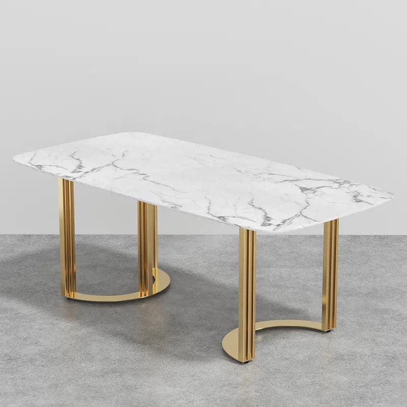 63"/71"/79" Faux Marble Dining Table for 6-8 Seater White Rectangular Top Gold Steel Base