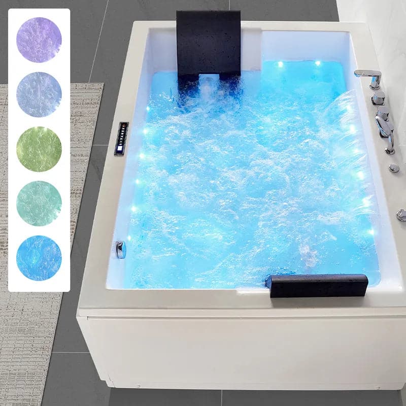 Baignoire d'angle moderne en acrylique de 71 pouces, bain à remous avec massage à l'air, baignoire à tablier à 3 côtés en LED de chromothérapie blanche