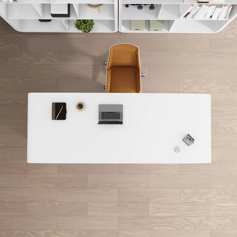 Modern White&Black Computer Desk Rectangular Office Desk with Pedestal Base#White-L