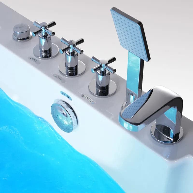 Baignoire à tablier à 3 côtés avec double cascade et massage à l'eau en acrylique à LED de 73 po