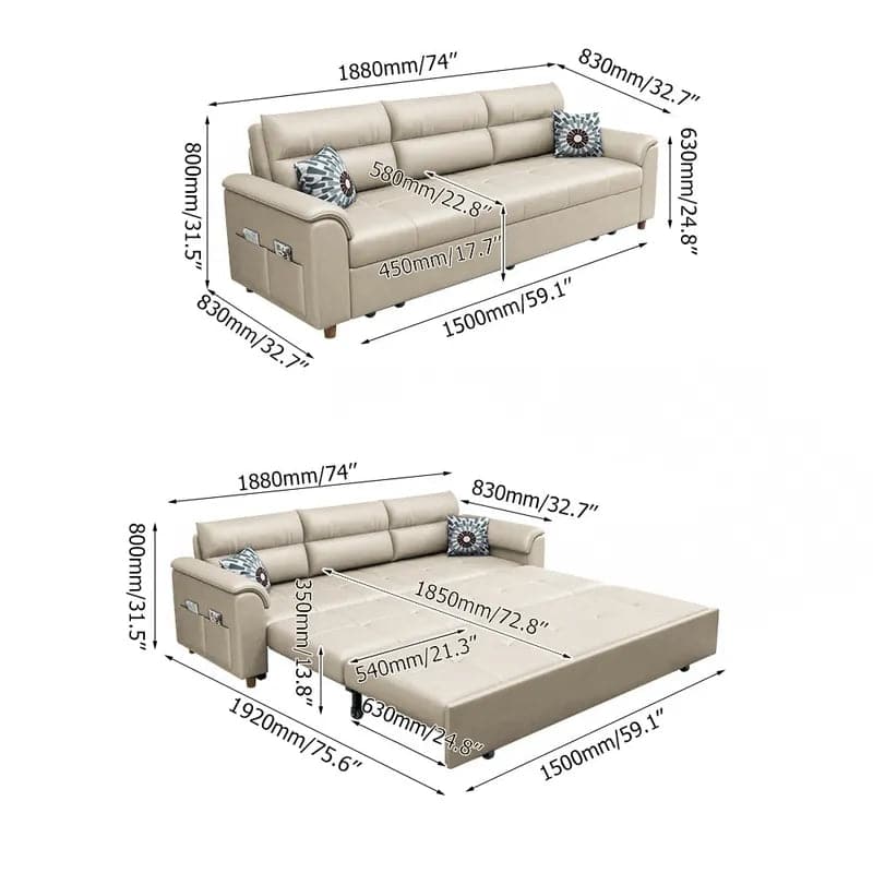 74 Inches Beige Full Sleeper Convertible Sofa with Storage & Pockets Sofa Bed