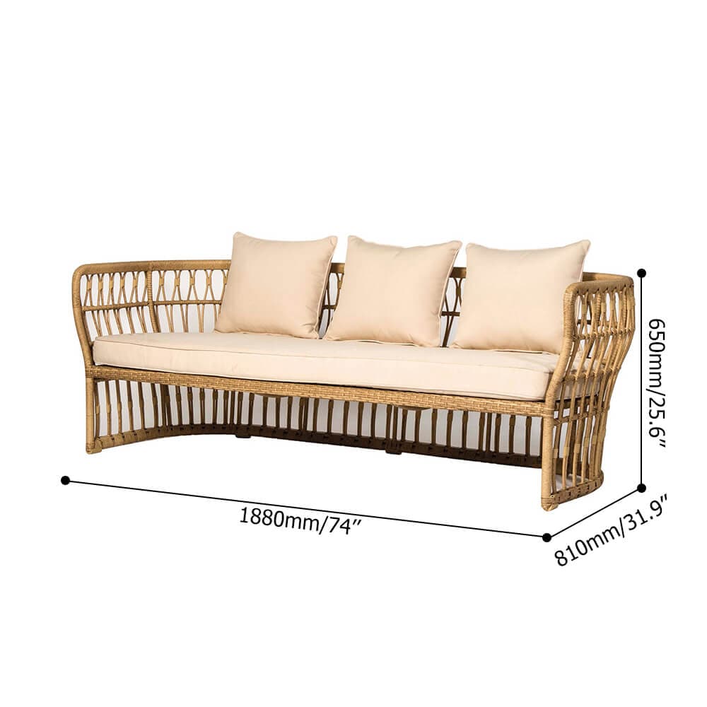 74" Natural Color Rattan Sofa Square Arm with Cushion Pillow