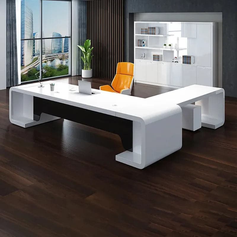 78.7 L-Shaped Modern Executive Desk of Left Hand/Right Hand with Drawers in White & Black#Left Hand-S