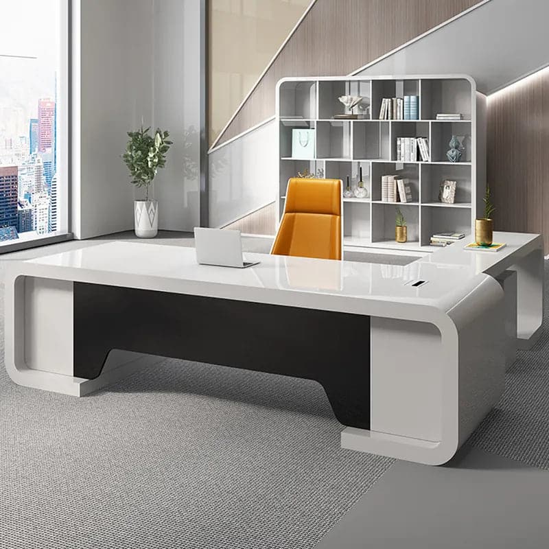 78.7 L-Shaped Modern Executive Desk of Left Hand/Right Hand with Drawers in White & Black#Left Hand-S