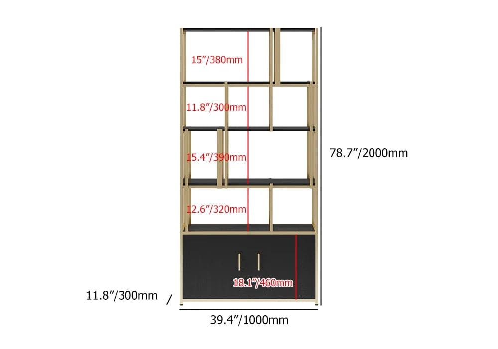 5-Tier Black Bookshelf with Doors Storage Cabinet Gold Frame#A
