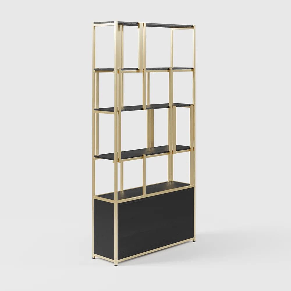 5-Tier Black Bookshelf with Doors Storage Cabinet Gold Frame#A