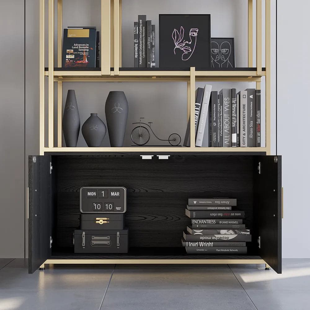 5-Tier Black Bookshelf with Doors Storage Cabinet Gold Frame#A