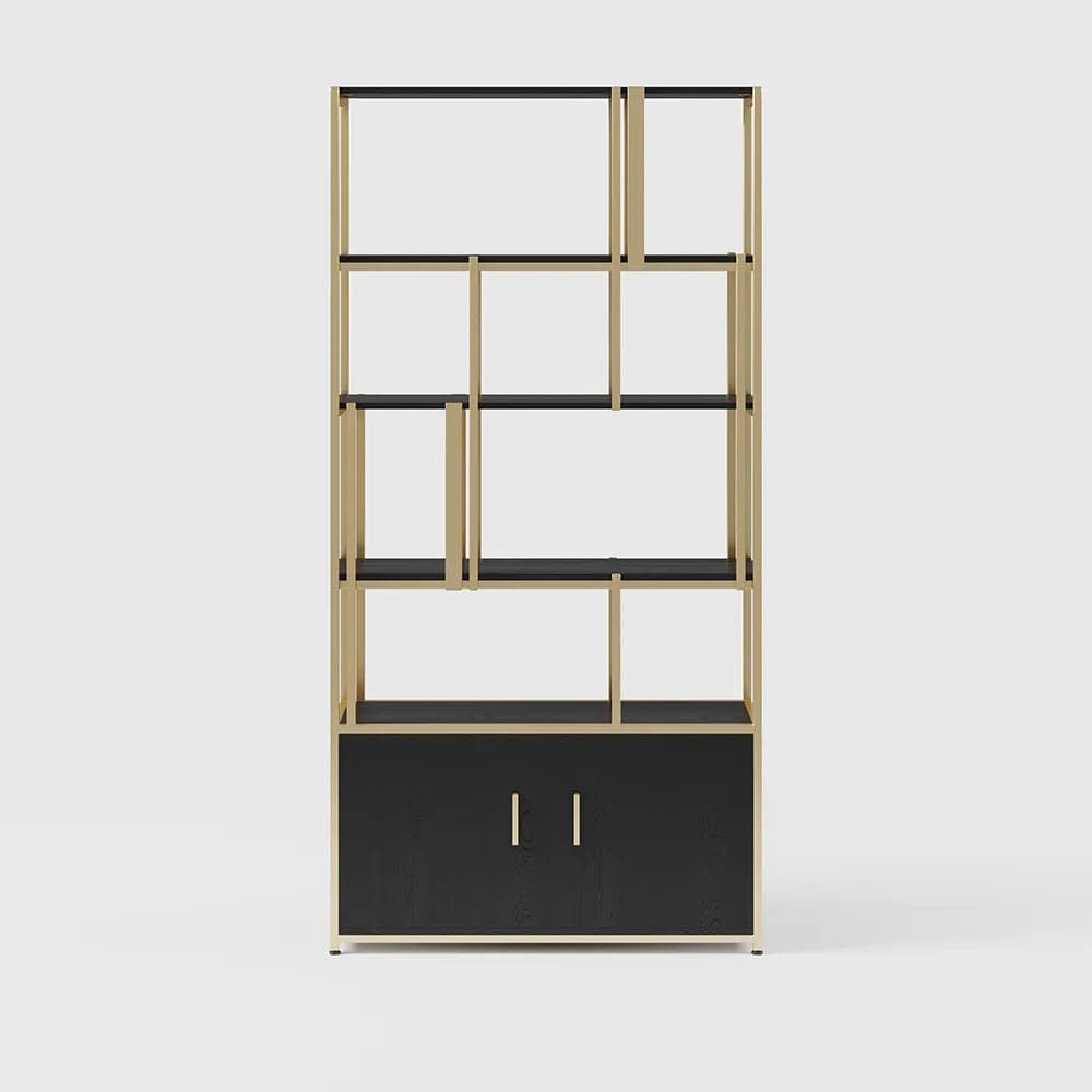 5-Tier Black Bookshelf with Doors Storage Cabinet Gold Frame#A