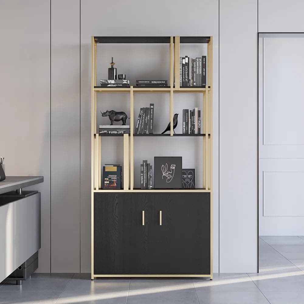 5-Tier Black Bookshelf with Doors Storage Cabinet Gold Frame#B