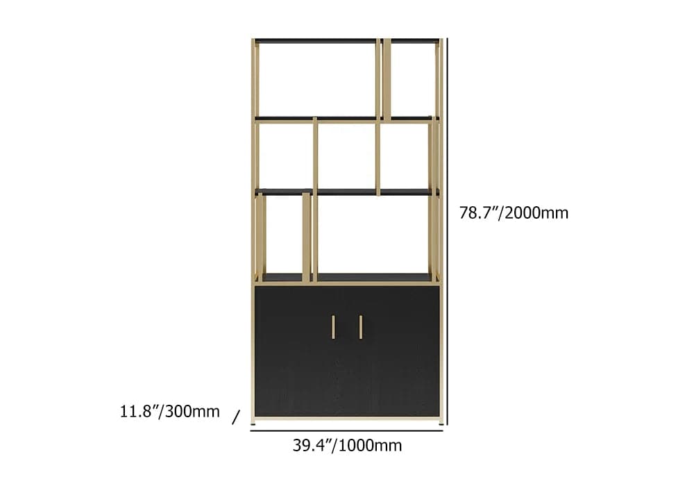 5-Tier Black Bookshelf with Doors Storage Cabinet Gold Frame#B