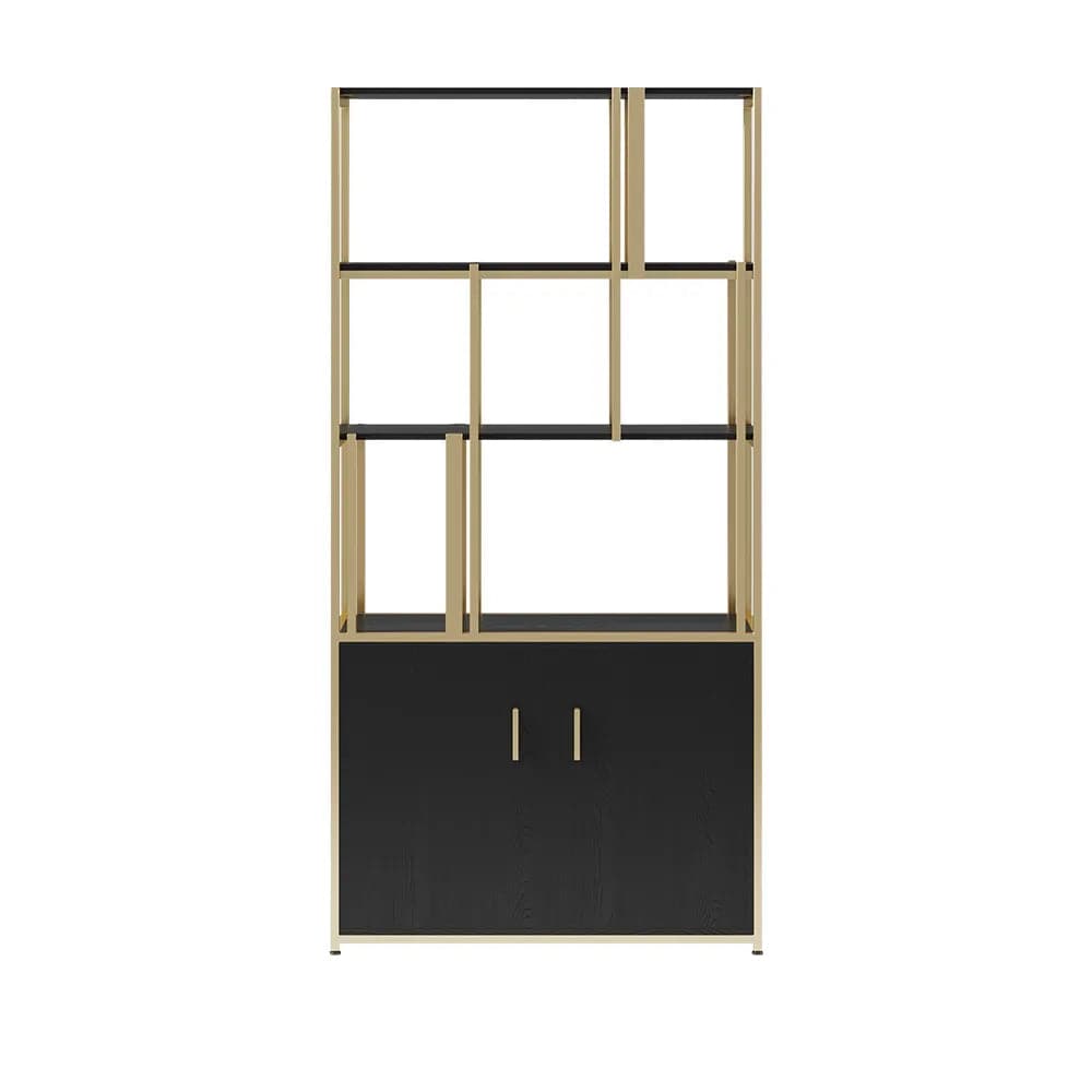 5-Tier Black Bookshelf with Doors Storage Cabinet Gold Frame#B