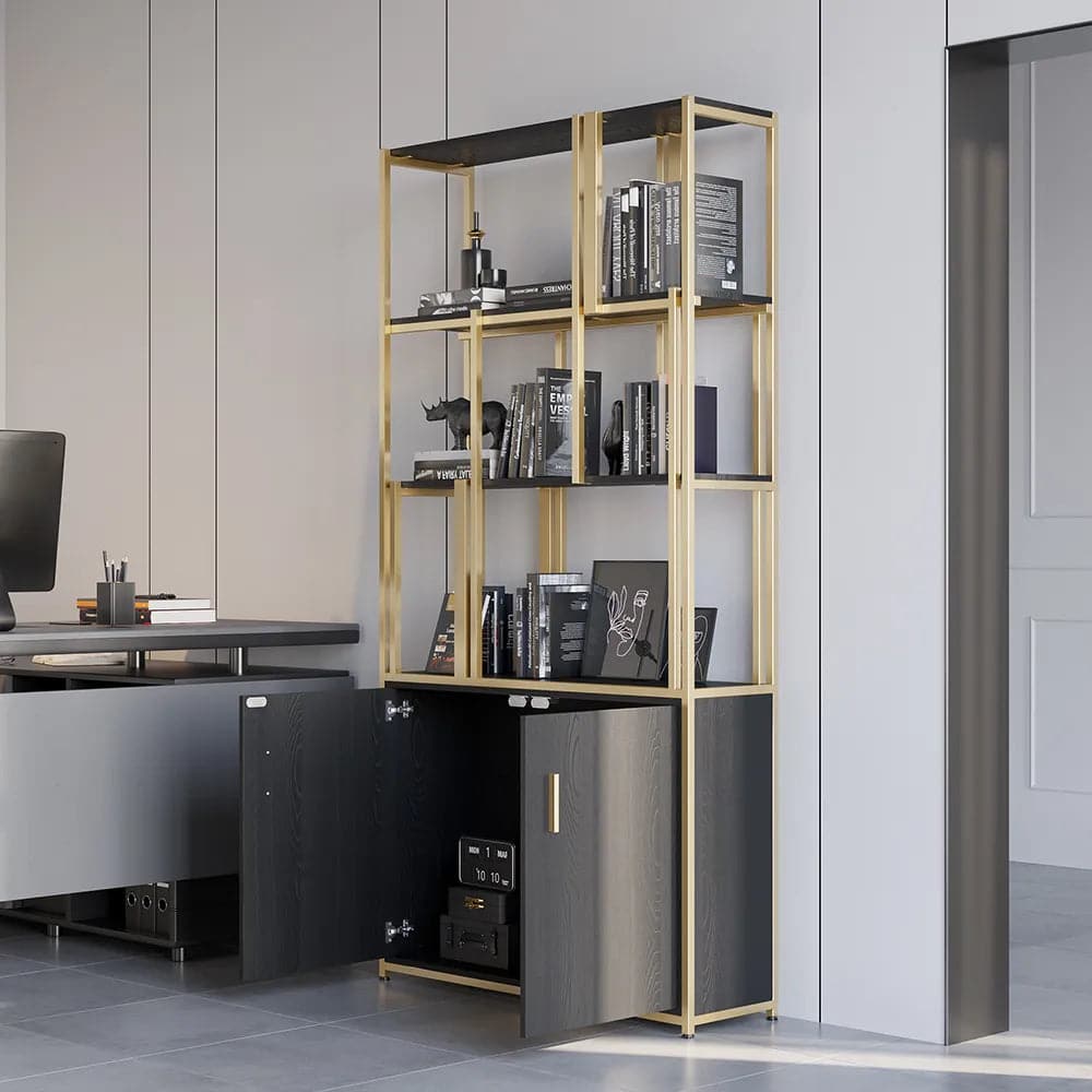 5-Tier Black Bookshelf with Doors Storage Cabinet Gold Frame#B